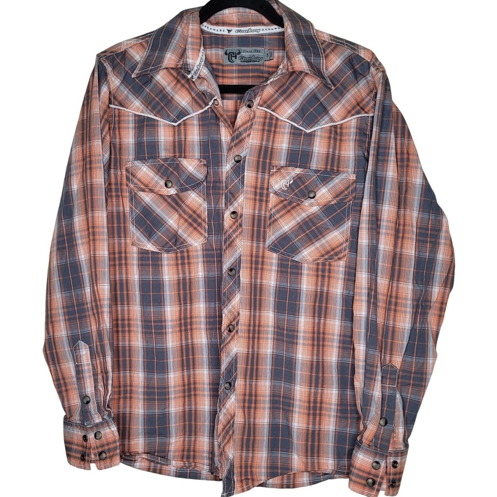 Cowboy Hardware Men's Plaid Snap Button-Up Shirt Orange Gray White S Long Sleeve